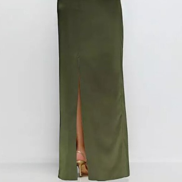 After Six “Nathalie” Ruched One-Shoulder Satin Gown – Size L (Olive Green) - Picture 3 of 16
